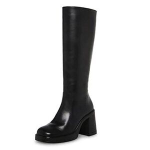 Black Platform Boots for Women Square Toe Chunky Block Heel Side Zip Fashion